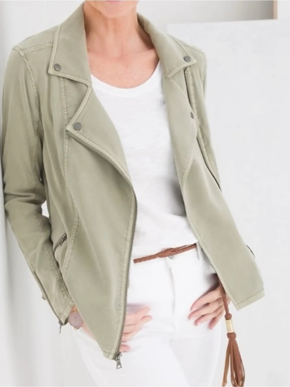 Chico's Cupro-Blend Moto Jacket Sage Green